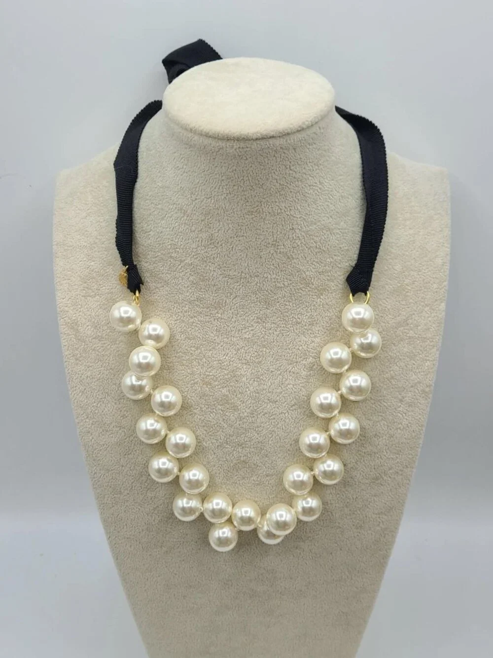 J Crew Faux Pearl Necklace with Black Ribbon Tie